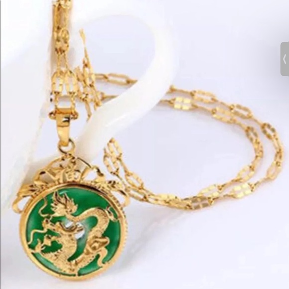 24K Gold Plated Dragon Pendant Malaysia Jade & Chain Necklace 7/8”. - Picture 2 of 8